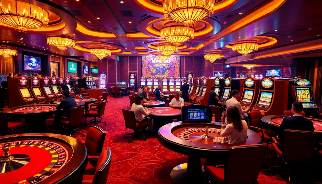 VA88 casino floor depicting thrilling poker, roulette, and slot machine action.