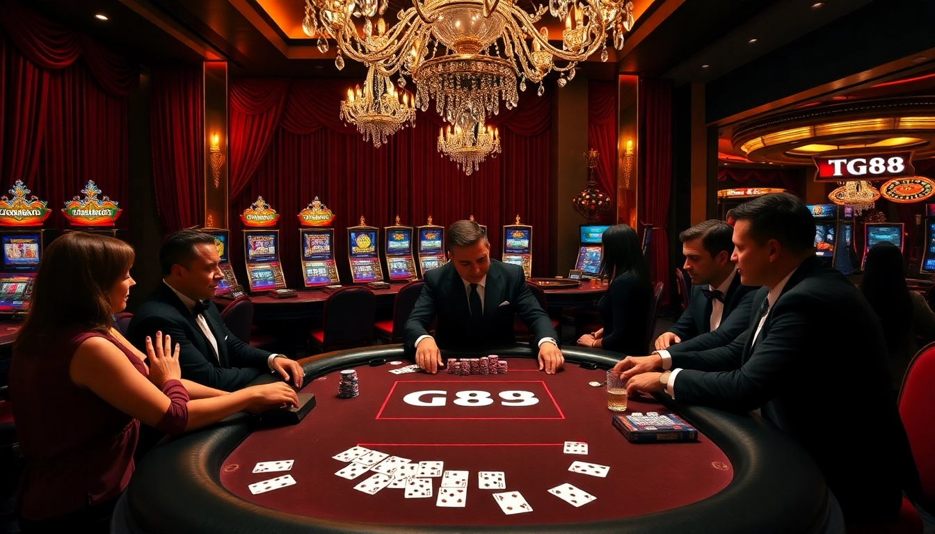 Players enjoying the TG88 poker table surrounded by vibrant casino elements for an immersive gambling experience.