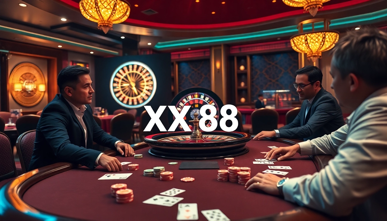 Intense poker showdown with casino atmosphere showcasing XX 88, thrilling action and vibrant colors.