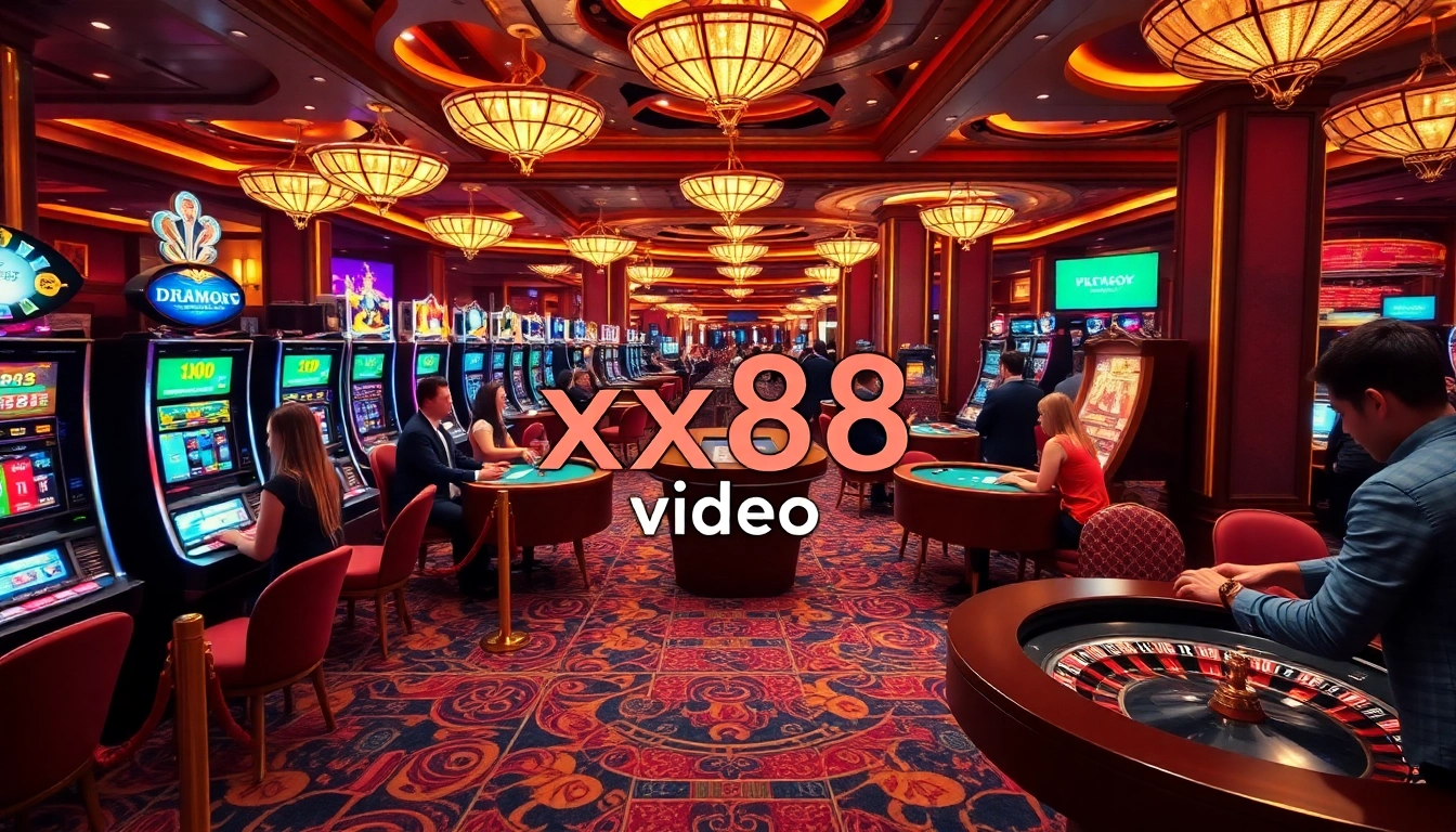 Players engaging in gambling excitement at a luxurious casino featuring xx88 video displays.
