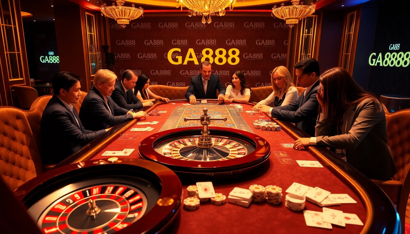 Experience the thrill of GA888's luxurious gambling atmosphere with vibrant poker chips and elegant roulette wheels.