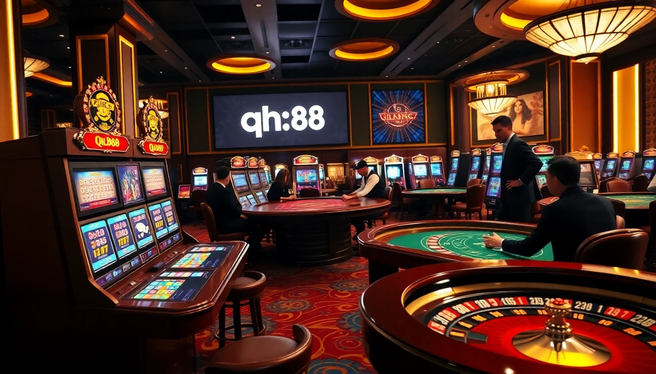 Exciting gameplay at qh88 casino with poker chips and vibrant slot machines.