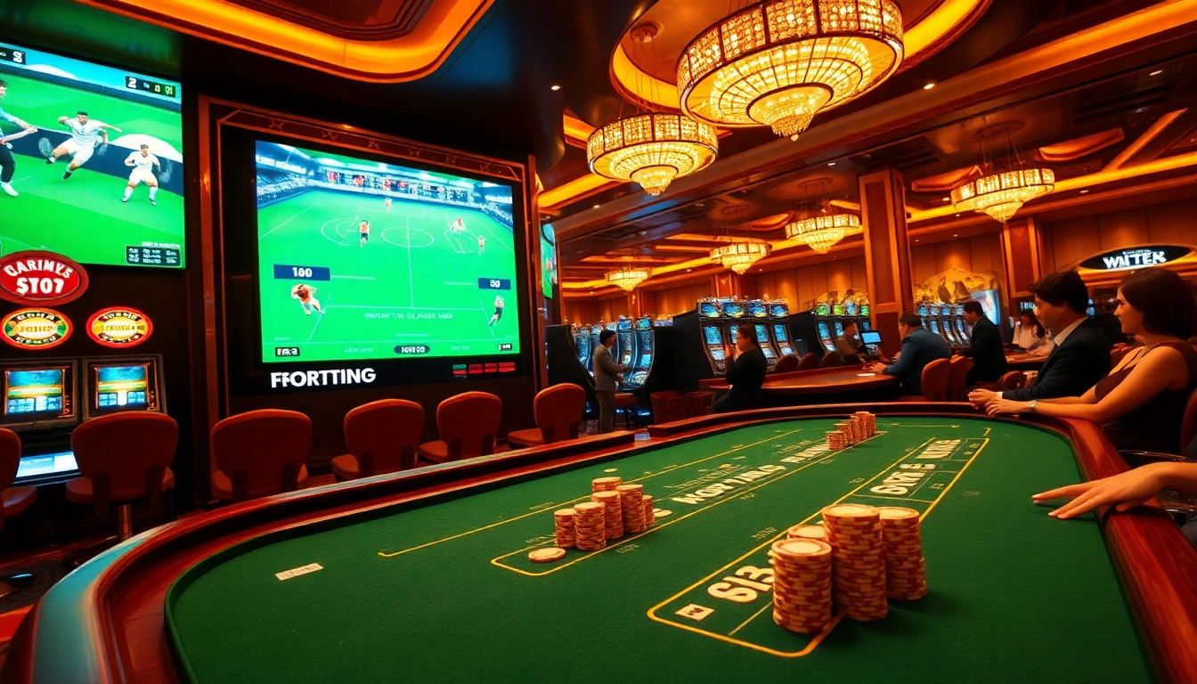 Soi kèo bóng đá betting scene with vibrant casino tables and excited bettors.