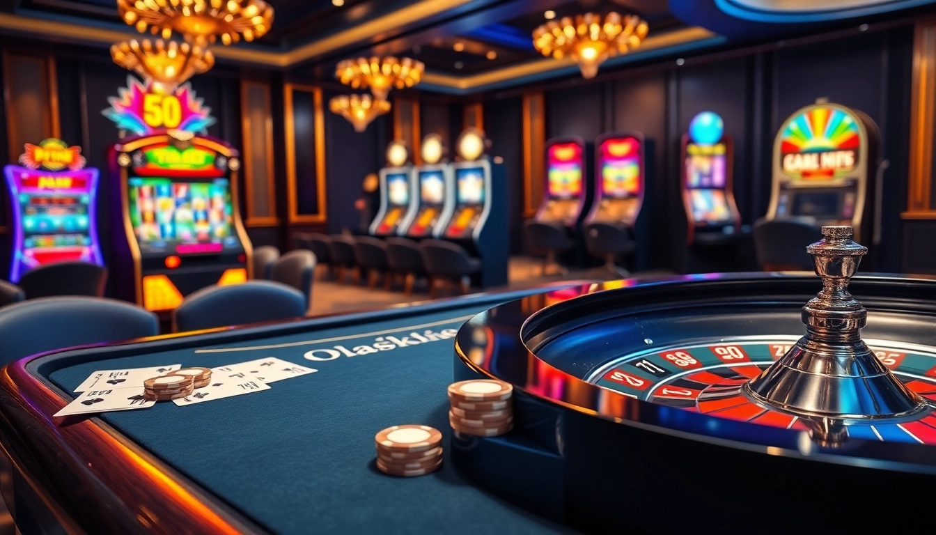 Engaging gambling scene featuring vibrant slot machines and a blackjack table with 99win 03 elements.