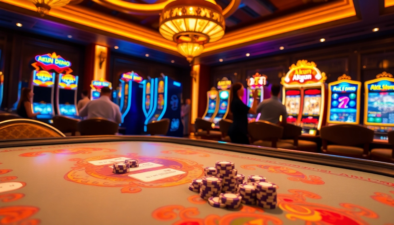 Experience the excitement of an akun demo game in an elegant casino environment with vibrant mahjong tables.