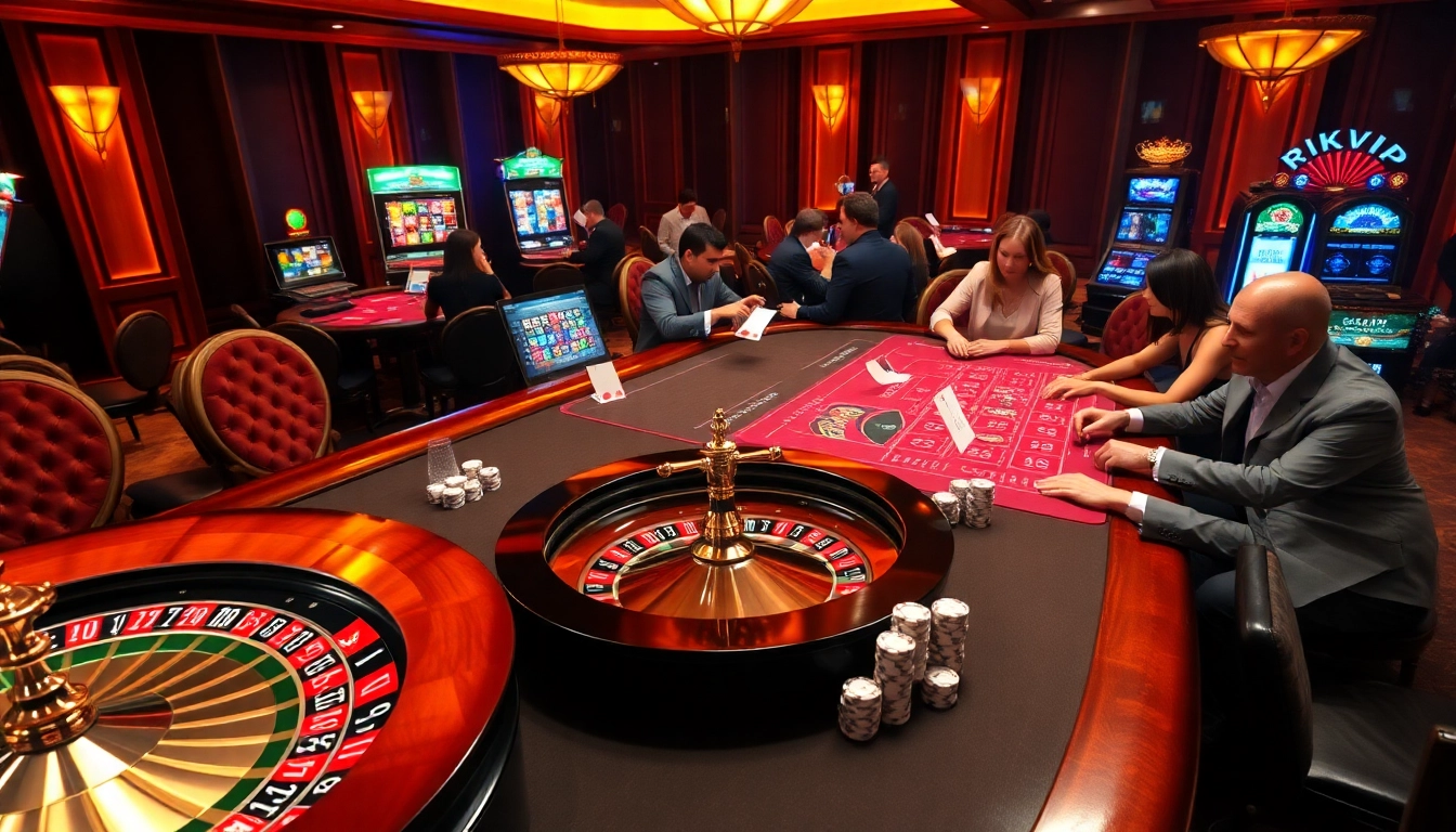 Experience thrilling games at Rik vip, with luxury casino tables and vibrant gambling action.