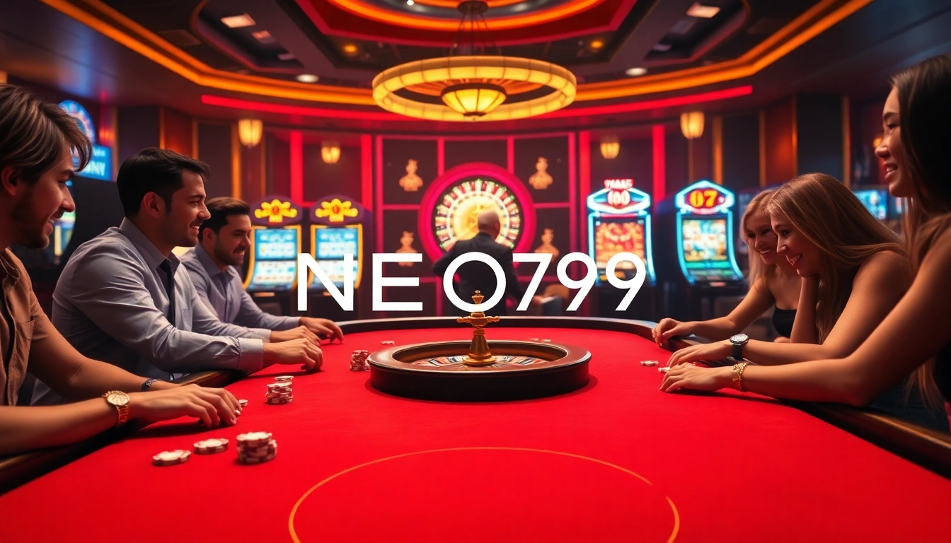 NEO79 gaming table with players in an exciting casino atmosphere highlighting poker action.