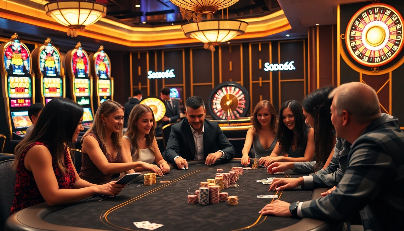 Experience the thrill of gambling with SODO66 at an elegant casino table featuring poker games and vibrant slot machines.