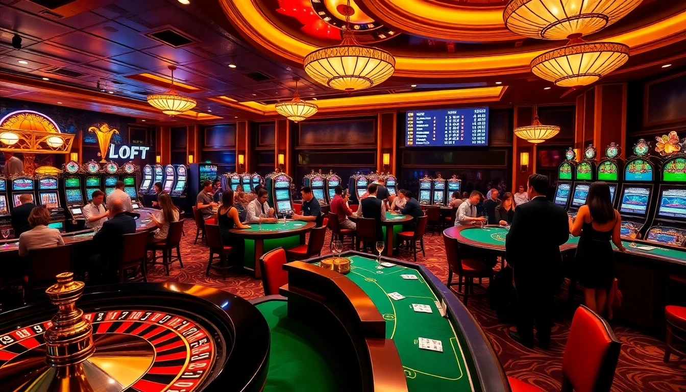 Engaging scene of gamblers celebrating wins at Ketquaxoso casino tables with roulette wheels and slot machines.