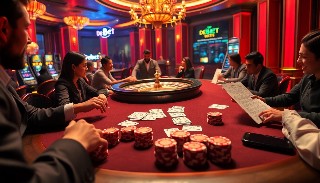 Experience De bet with exciting poker action at a luxurious casino table illuminated in rich colors.