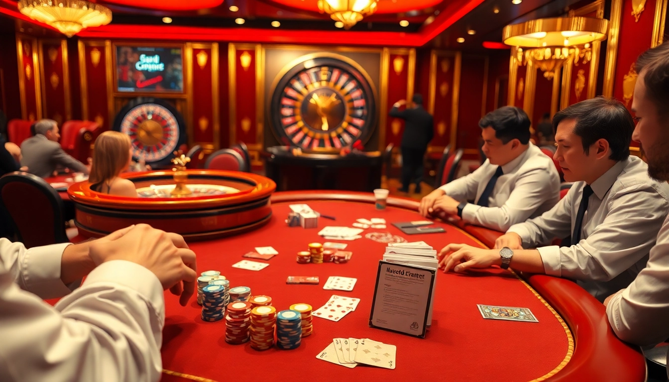 Engaging players in a strategic poker game, highlighting Cách tập luyện cho gà chọi at a busy casino scene.