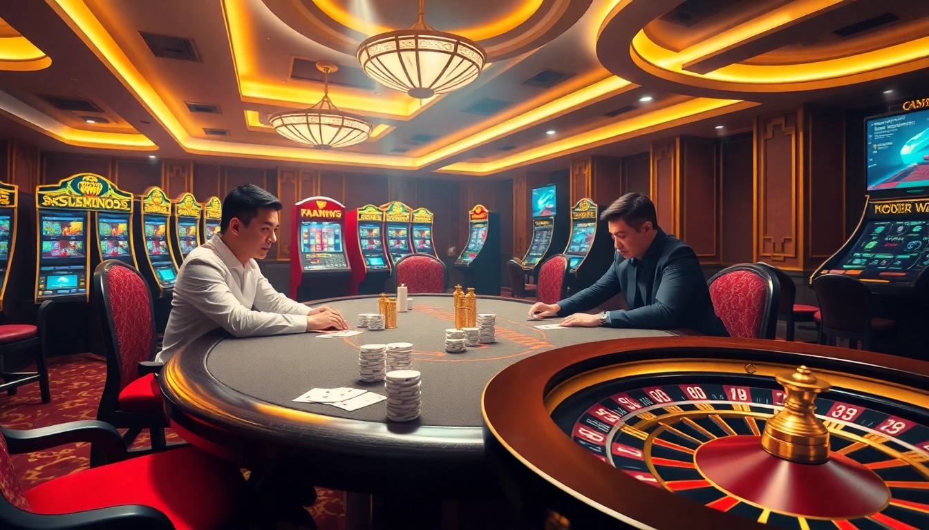 Hitclub casino scene featuring a glamorous poker table, vibrant slot machines, and engaged players.