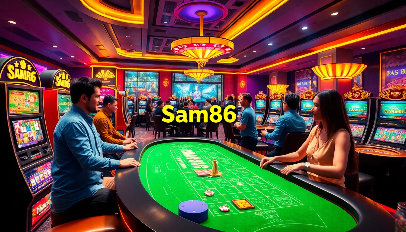 Experience the thrill of Sam86's online casino with vibrant slot machines and poker tables.
