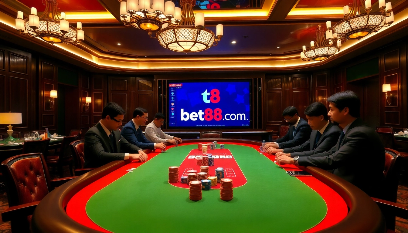 Experience the thrill of high-stakes poker at bet88.com with professional gamblers and vibrant casino atmosphere.
