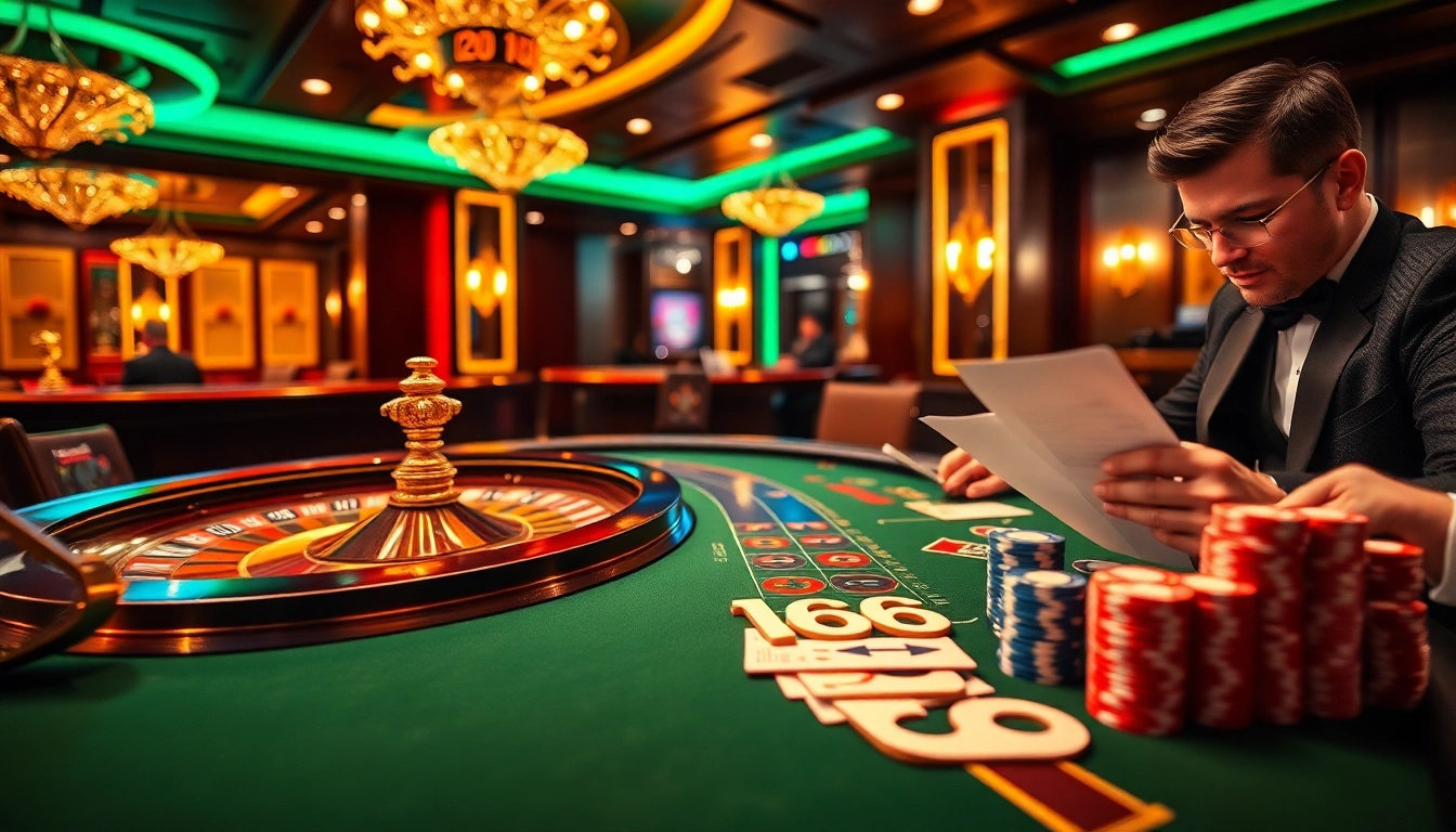 SODO66 gaming scene with vibrant casino elements like roulette, poker chips, and elegant players.