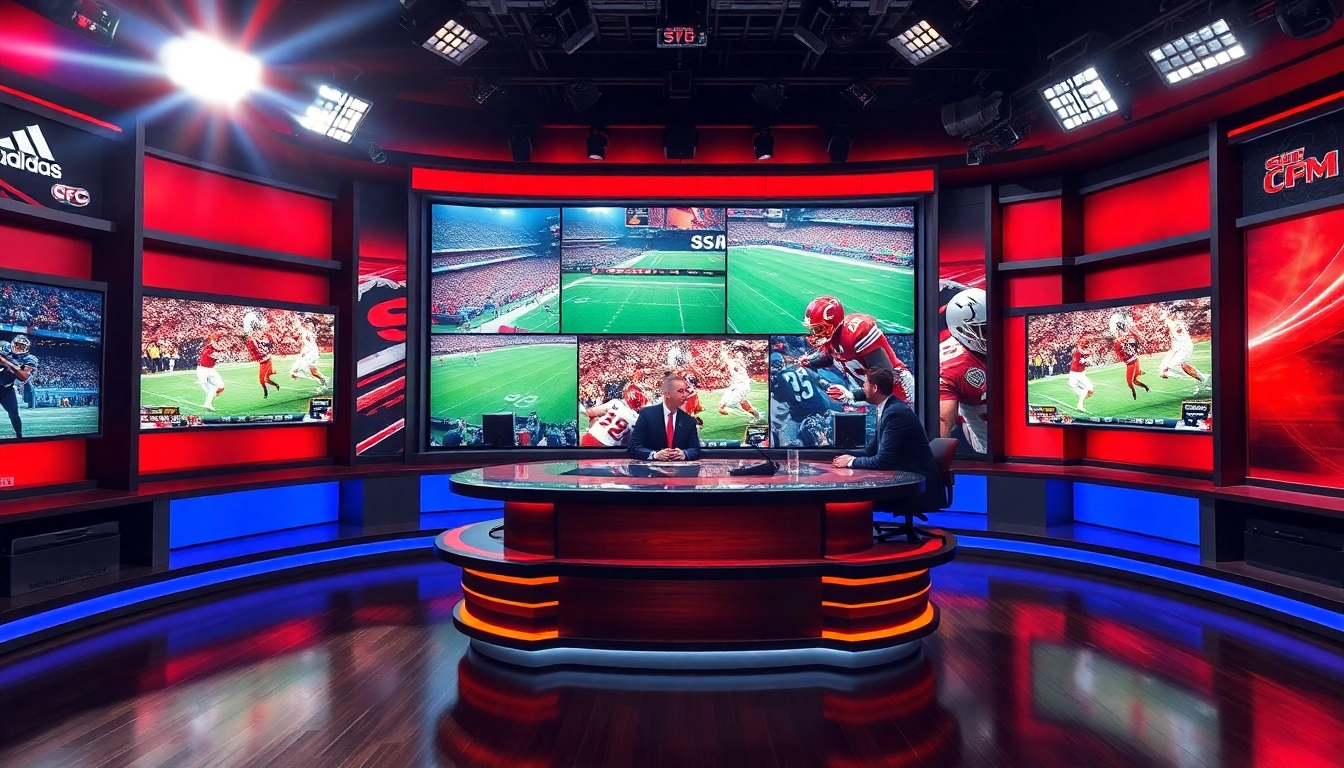 Dynamic view of a sports broadcasting studio featuring screens and enthusiastic anchors.