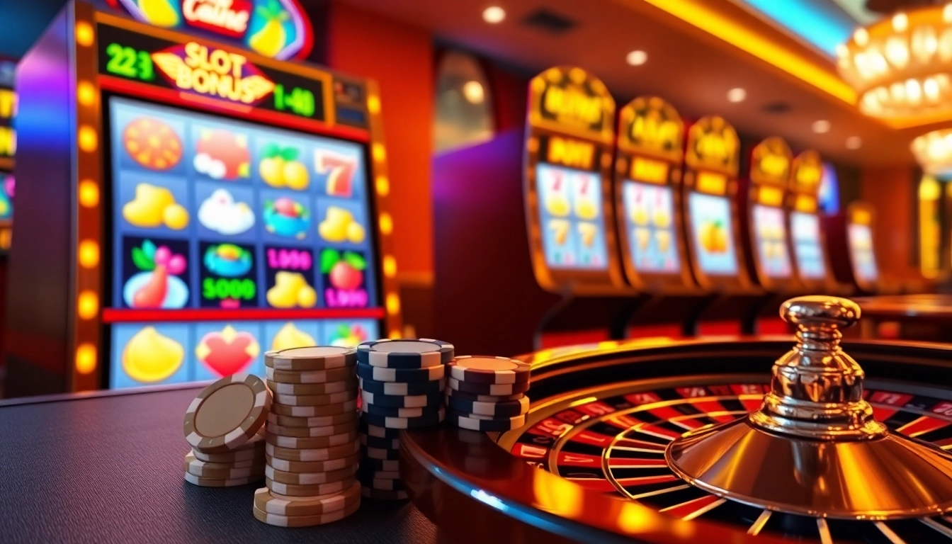 Engaging slot bonus gaming scene with vibrant slot machine and casino ambiance.