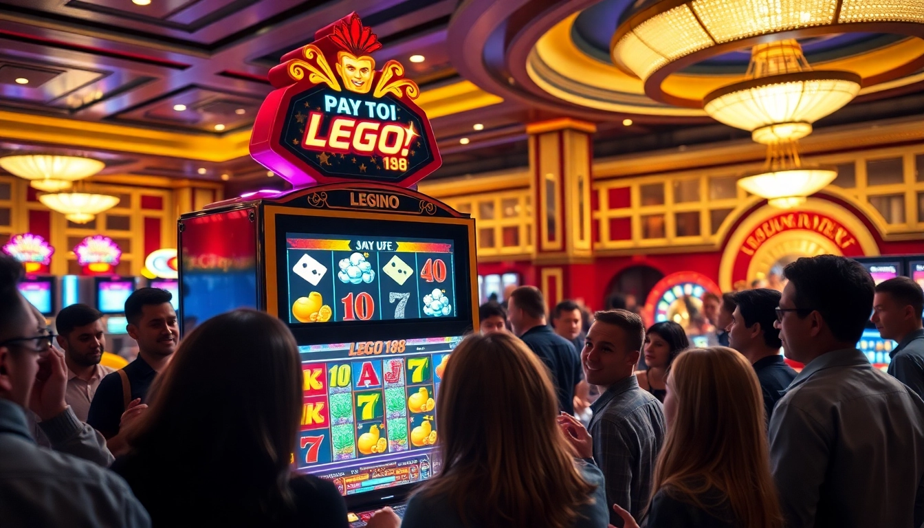Engaged players enjoying LEGO138 login at a vibrant slot machine in an upscale casino atmosphere.