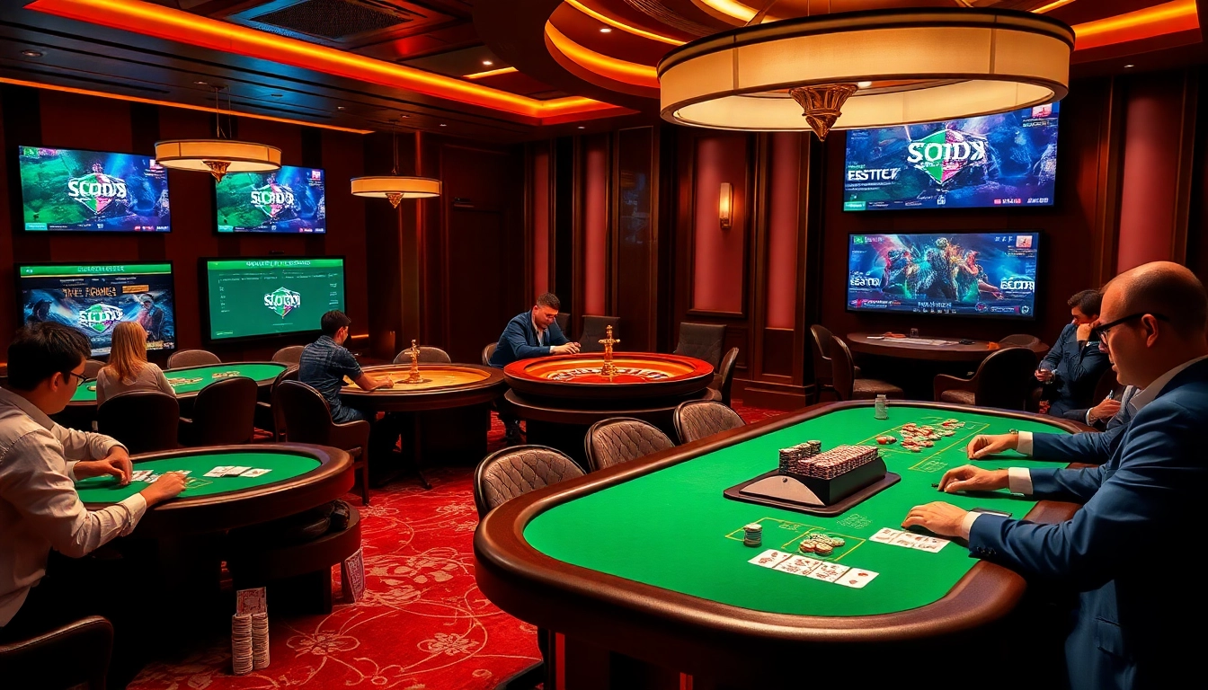 SODO66 players immersed in an exciting casino atmosphere with rich poker chips and roulette table