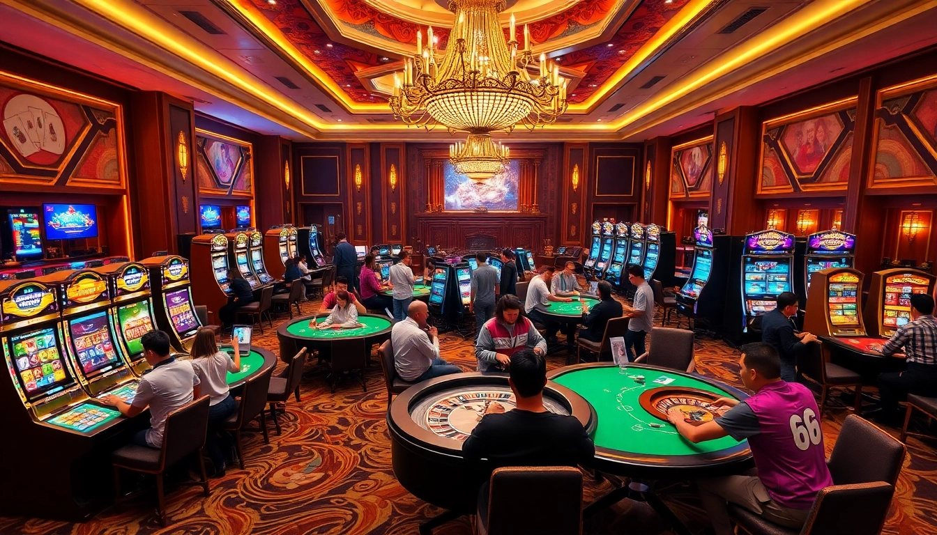 Engaging players enjoying gambling thrills at lc88 casino with vibrant tables and slot machines.