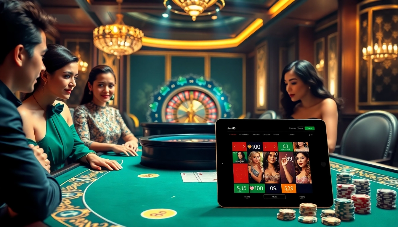 Exciting gaming action at Jun 88, where players enjoy poker and roulette in a luxurious casino setting.