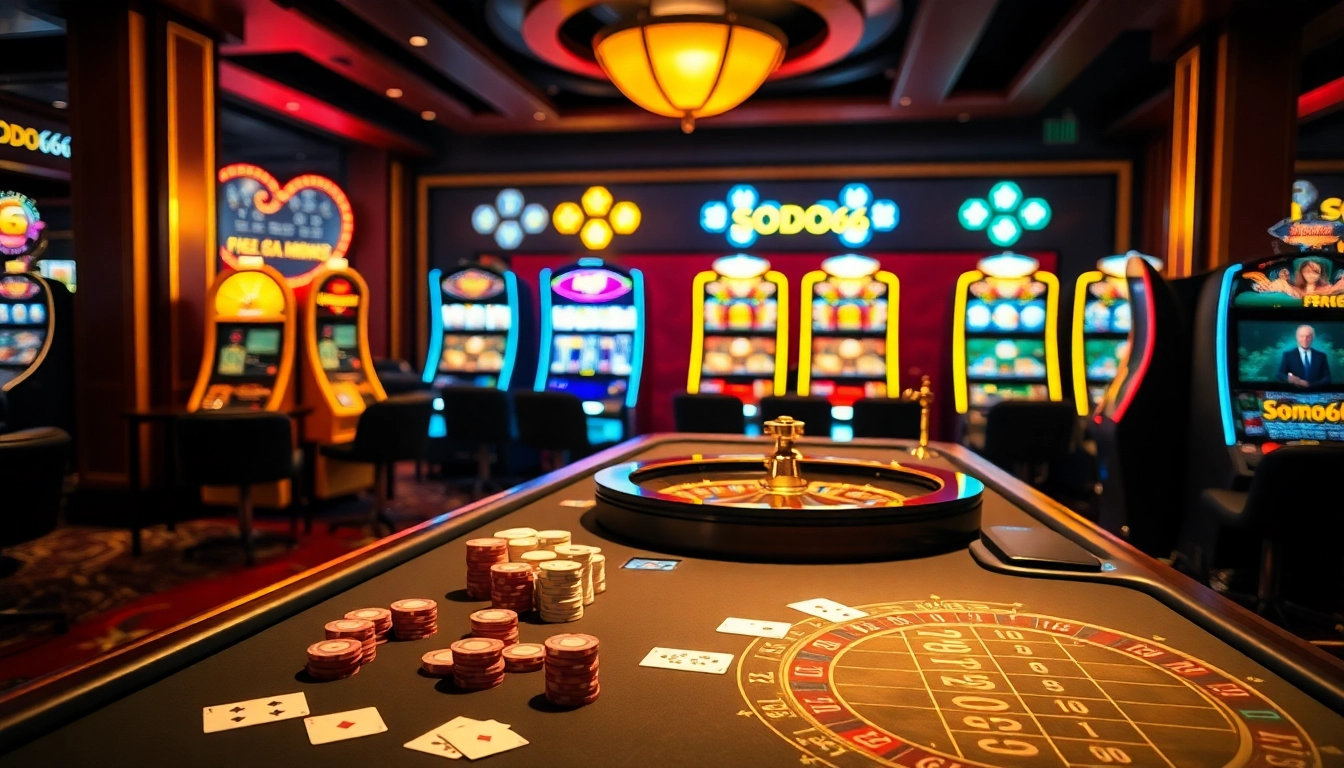 Exciting betting action at SODO66 with vibrant casino tables and gaming equipment.
