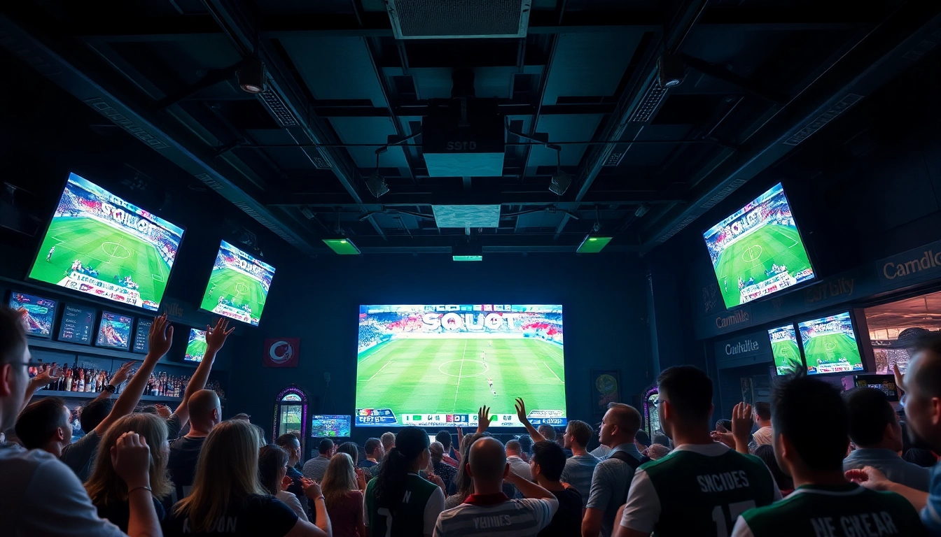 Socolive.com.co: Engaging scene of soccer fans enjoying live matches in HD at a vibrant sports bar.