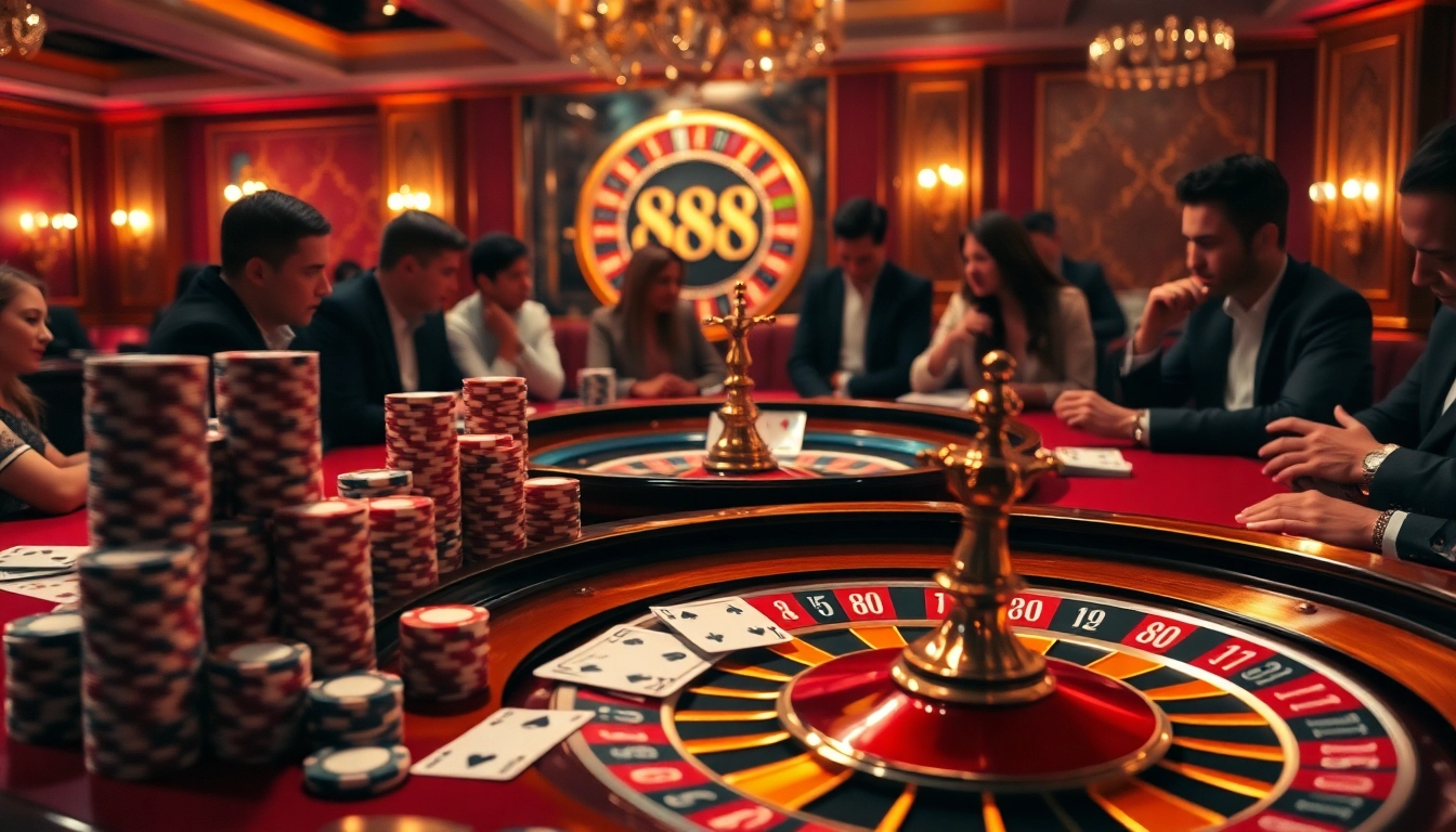 Players enjoying dynamic gameplay at a luxurious 88aa casino table with poker chips and cards.