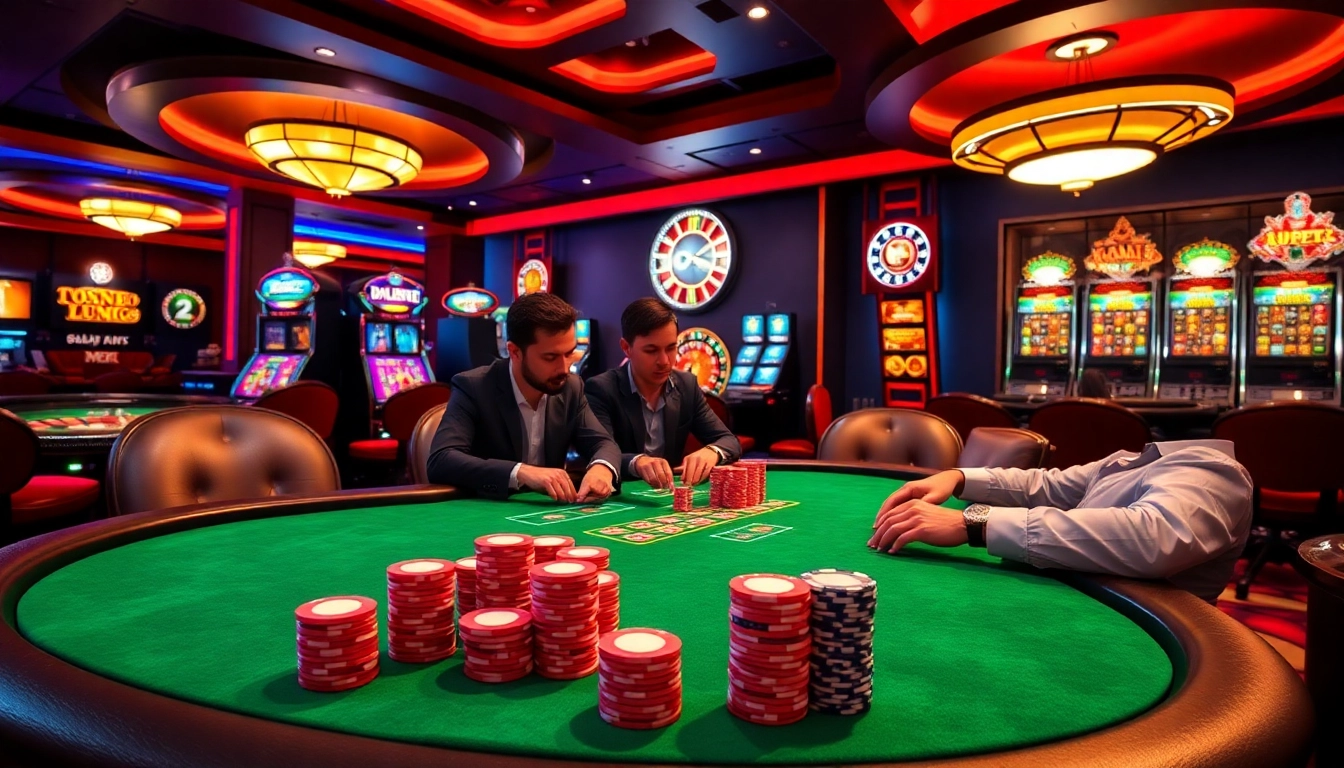 Exciting poker action at KP88's luxurious casino table with vibrant chips and games.
