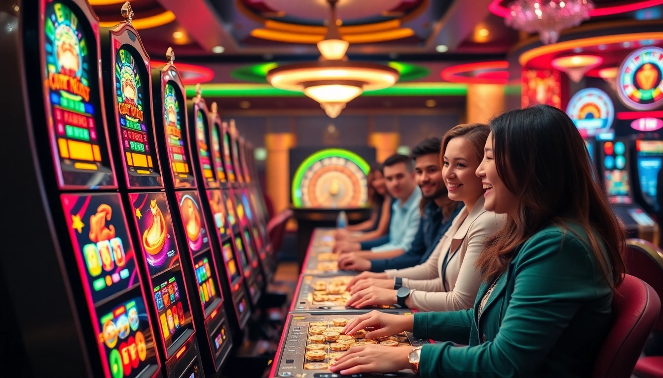 Engaging gamblers at slot777 login in a vibrant casino setting with exciting slot machines.