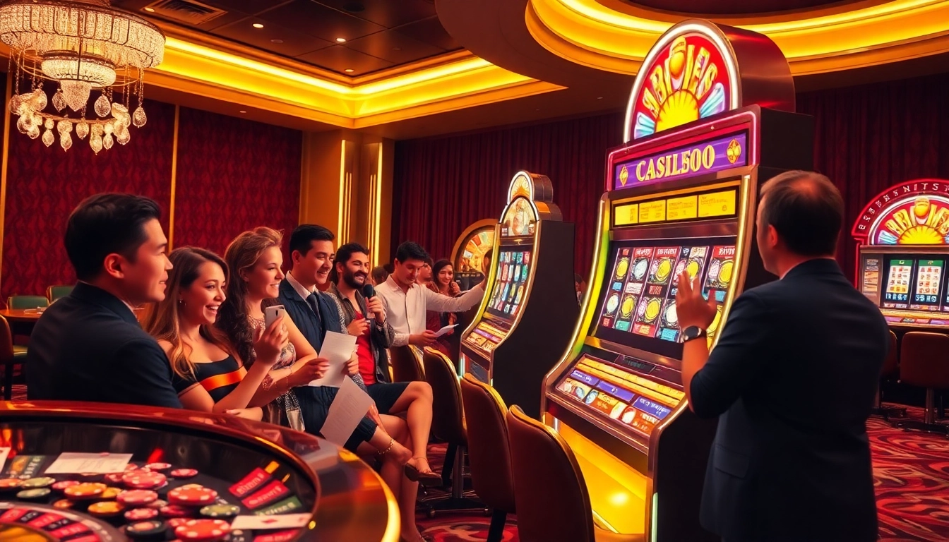 Pemain yang terlibat merayakan kemenangan di mesin slot gacor dalam suasana kasino yang meriah.