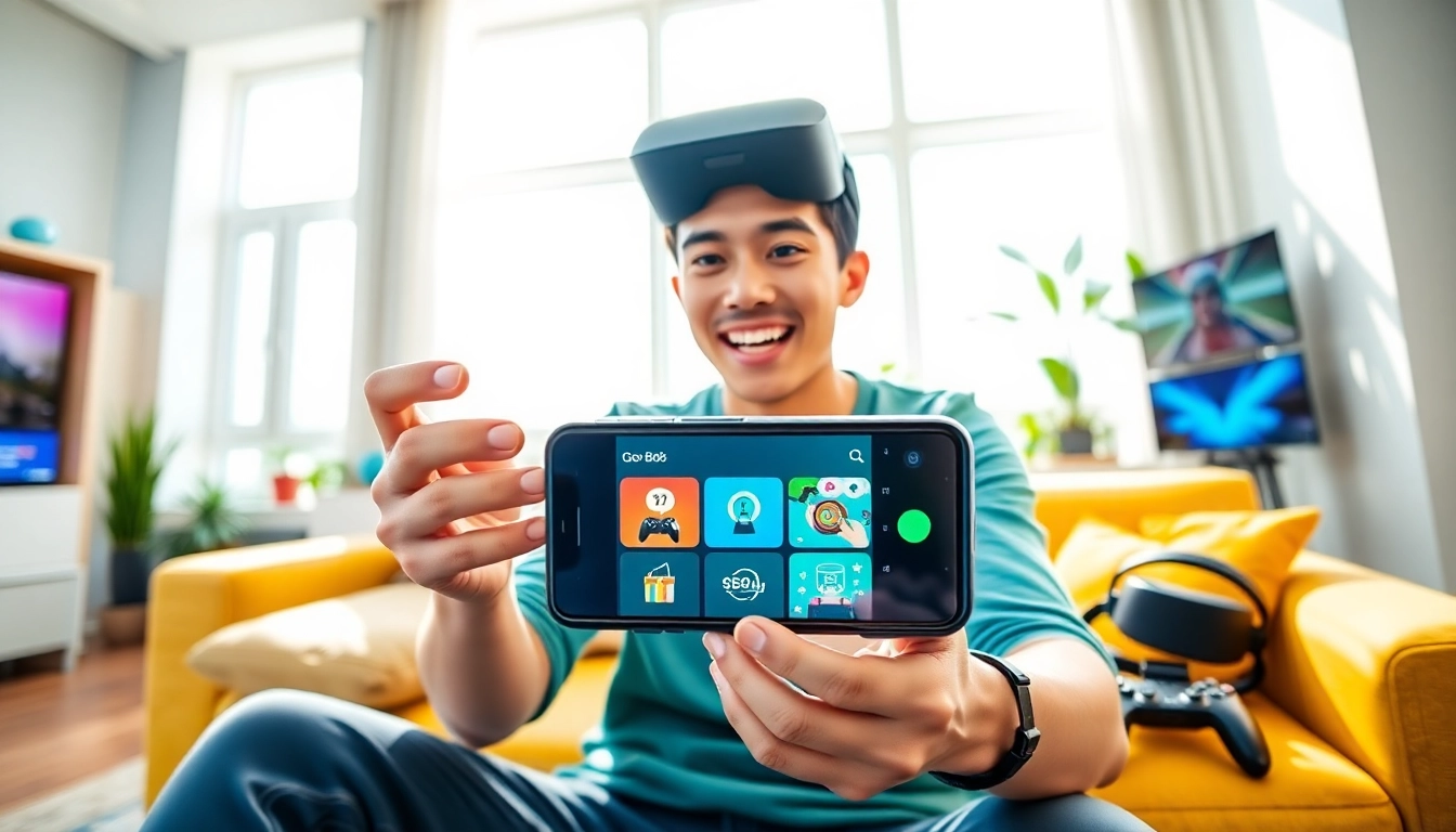 Using Tải GO88 app on smartphone in a vibrant living room setting