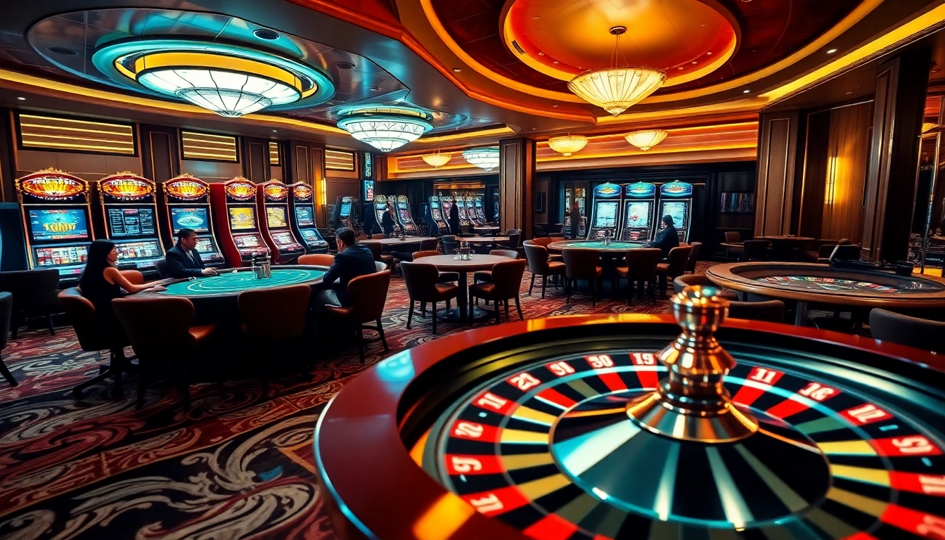 S8 gamblers strategizing at a luxurious casino table featuring poker and slot machines.