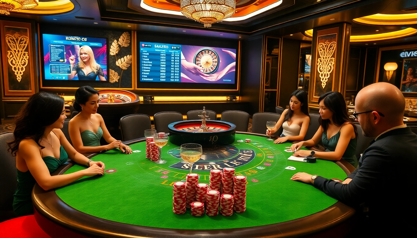 Players enjoying a thrilling session at Nhà cái LV88's baccarat table in a luxurious casino.