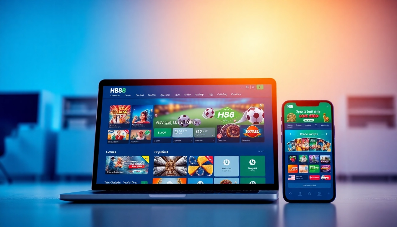 Online gaming experience showcasing hb88.art interface across devices with exciting game graphics.