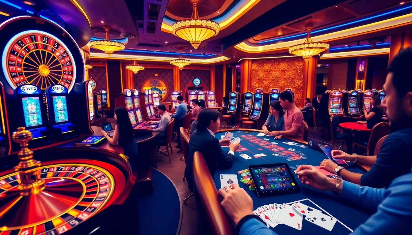 Players enjoying exciting games at MK8 casino with roulette, slots, and poker tables.