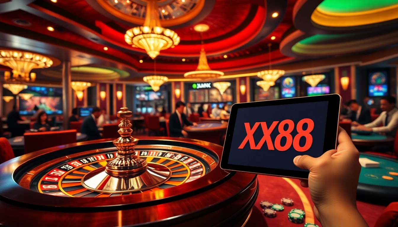 Gambling scene showcasing nhà cái xx88 with players at vibrant casino tables.