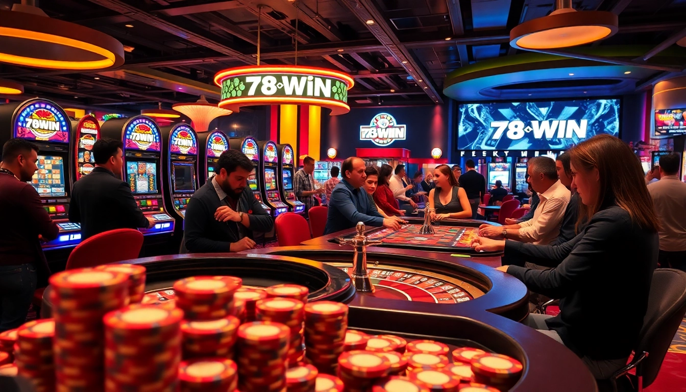 Experience thrilling gaming action at 78WIN's vibrant casino floor featuring slot machines and poker chips.