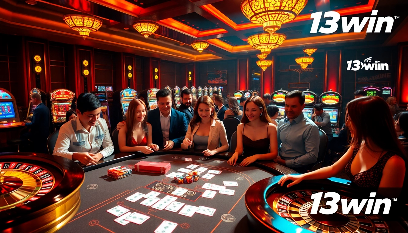 Experience thrilling gaming action at 13win with vibrant casino tables and slot machines.