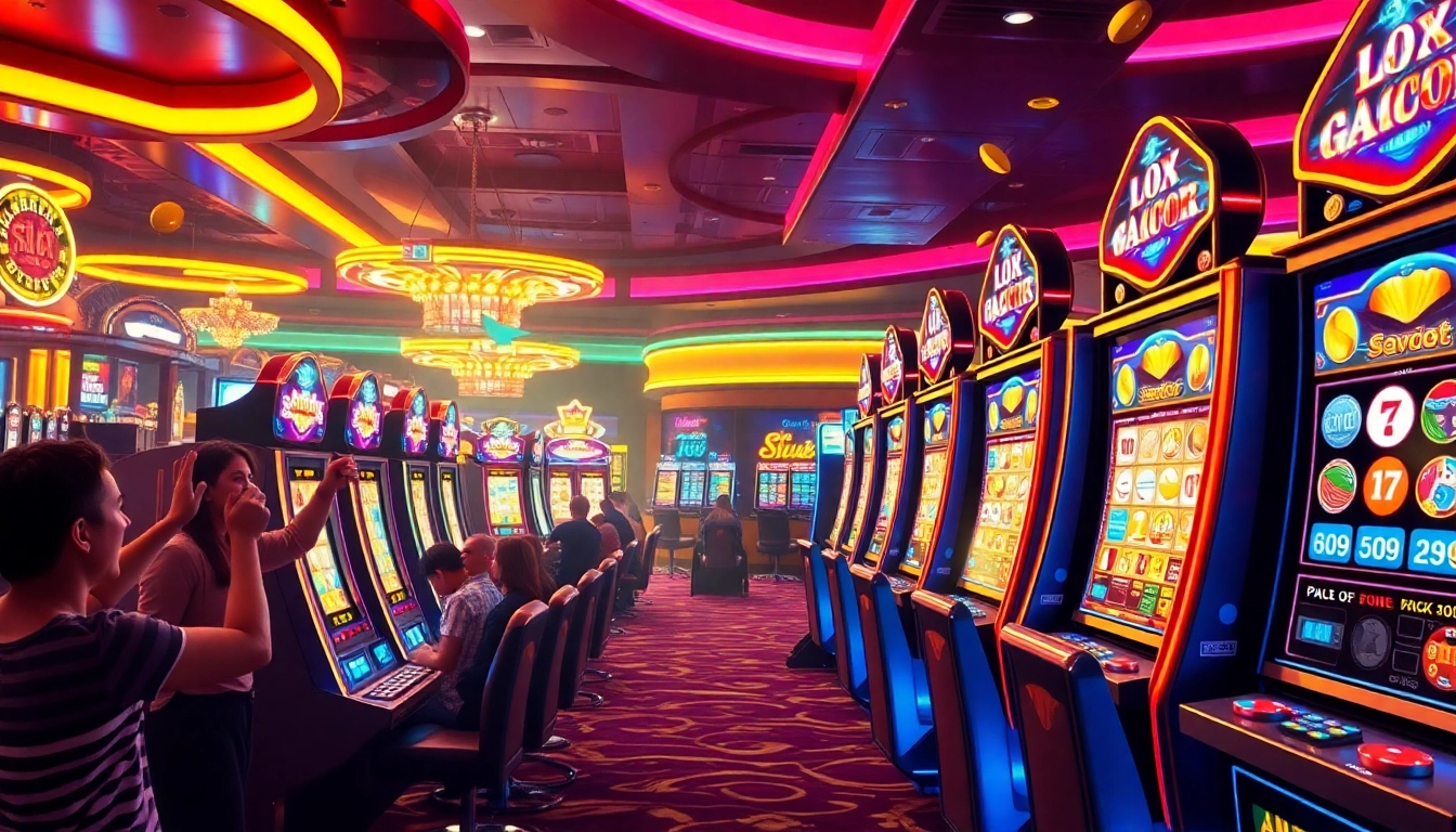 Pemain menikmati kemenangan mereka di mesin slot gacor dalam lingkungan kasino mewah.