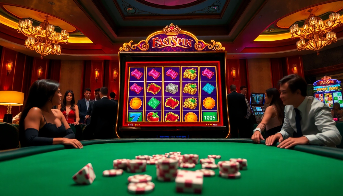 A vibrant casino atmosphere featuring the FastSpin Gaming Provider slot machine with players engaged in high-stakes excitement.