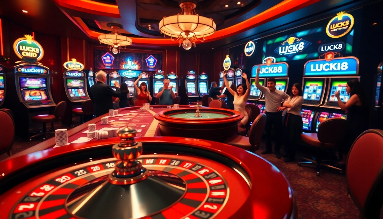 LUCK8 players enjoying a thrilling night of high-stakes poker and roulette in an upscale casino setting.