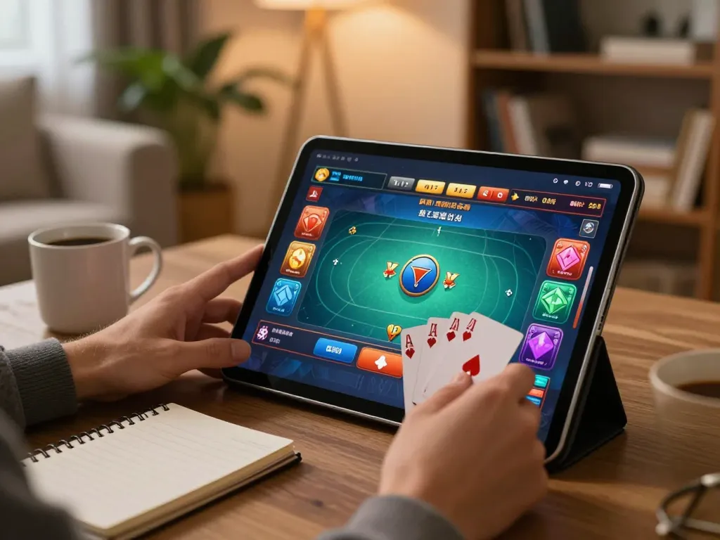 Hubet player engaged in online poker with strategic betting on tablet at home
