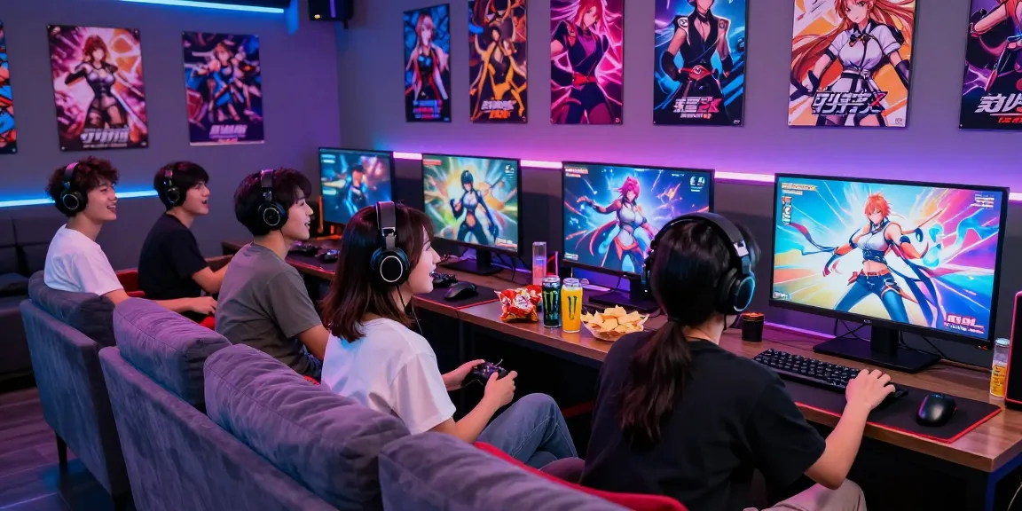 Friends enjoying hentai games in a lively gaming lounge with snacks and colorful LED lights.