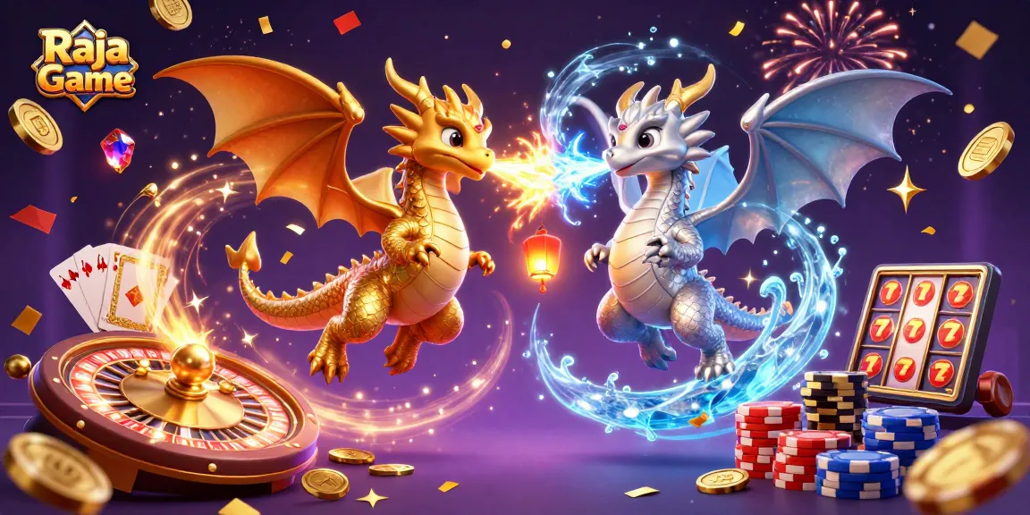 Win big with Raja Game: a vibrant 3D scene of dragons and casino elements creating excitement.