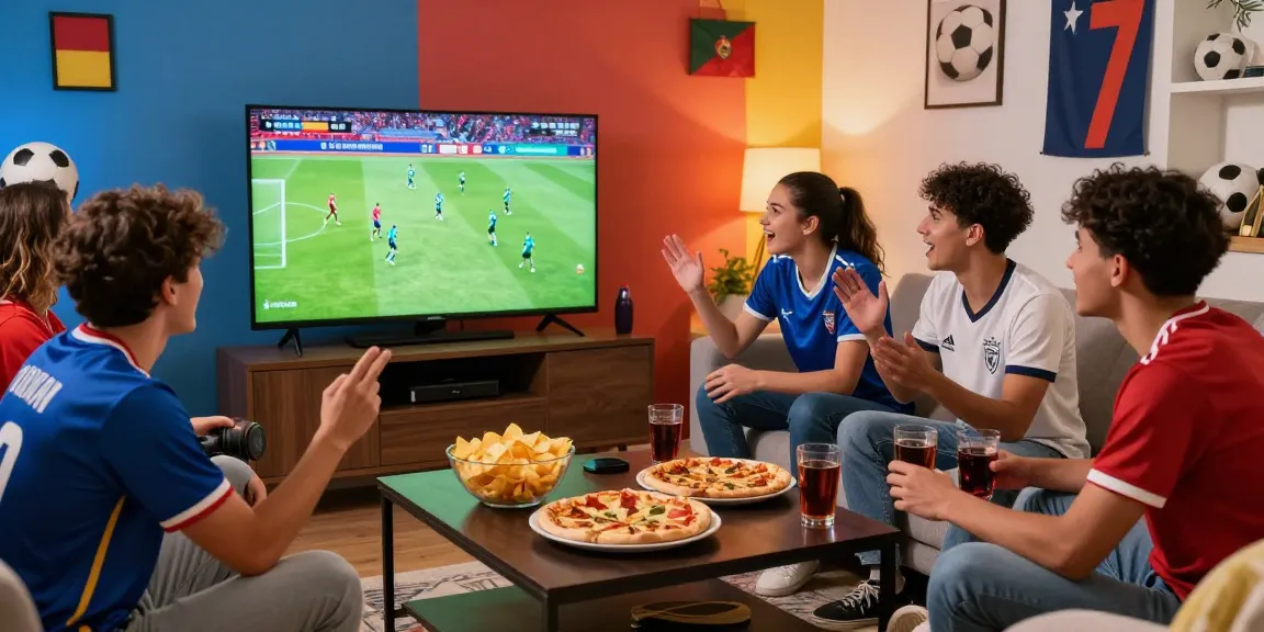 Enjoy watching رابط مشاهدة مباريات اليوم بدون تقطيع with friends in a lively living room during a thrilling soccer match.