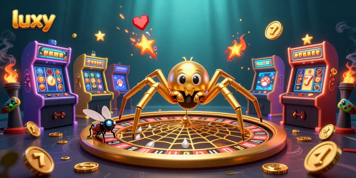 Place bets with luxy at a vibrant casino scene featuring a spider and centipede croupier.