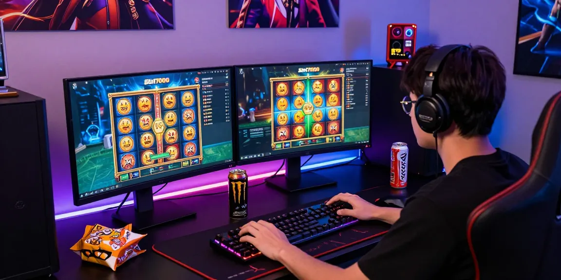 Engaging gaming workspace with Slot7000 platform displayed on monitors, vibrant graphics.